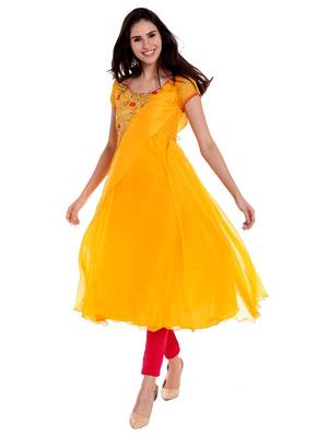 Ira Soleil Yellow Kurta with Embridered Yoke 4