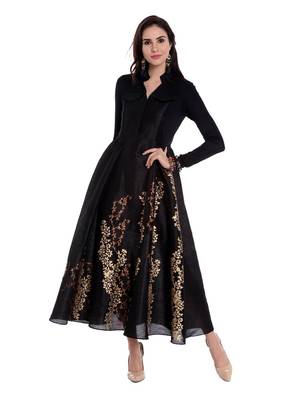 Black block printed anarkali in dupion-viscose-lyrcra fabric 1