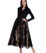 Black block printed anarkali in dupion-viscose-lyrcra fabric
