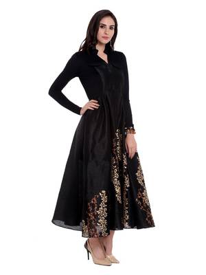 Black block printed anarkali in dupion-viscose-lyrcra fabric 2