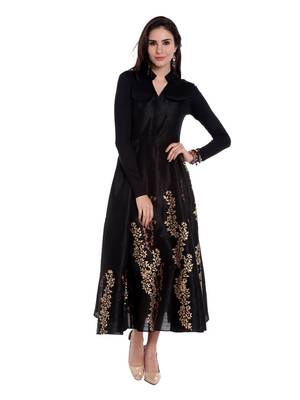 Black block printed anarkali in dupion-viscose-lyrcra fabric 3