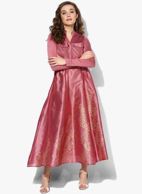 Pink block printed long anarkali in dupion fabric 1