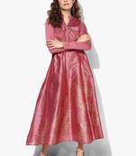 Pink block printed long anarkali in dupion fabric