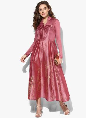 Pink block printed long anarkali in dupion fabric 2