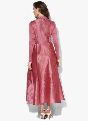 Pink block printed long anarkali in dupion fabric 3