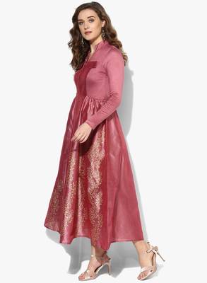 Pink block printed long anarkali in dupion fabric 4