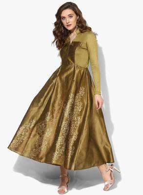 Gold block printed anarkali in dupion-viscose-lyrcra fabric 1