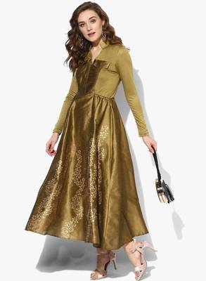 Gold block printed anarkali in dupion-viscose-lyrcra fabric 2