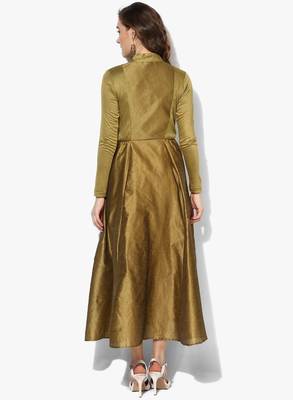 Gold block printed anarkali in dupion-viscose-lyrcra fabric 3