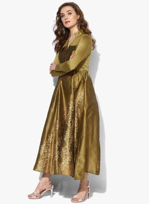 Gold block printed anarkali in dupion-viscose-lyrcra fabric 4
