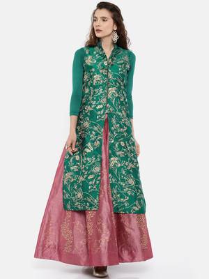 Green all over printed long kurti in dupion fabric with viscose lycra sleeves. 1