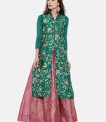 Green all over printed long kurti in dupion fabric with viscose lycra sleeves.