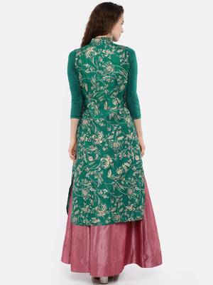 Green all over printed long kurti in dupion fabric with viscose lycra sleeves. 2