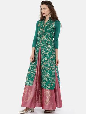 Green all over printed long kurti in dupion fabric with viscose lycra sleeves. 3