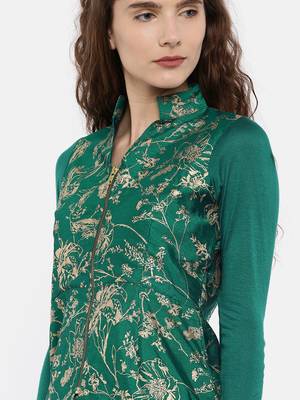 Green all over printed long kurti in dupion fabric with viscose lycra sleeves. 4