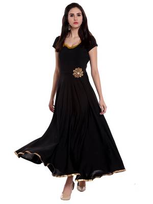 Long, flared Anarkali with embellished flower patch on waistline. 1