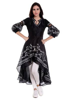 Black High Low Kurta with White Print 1