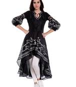 Black High Low Kurta with White Print