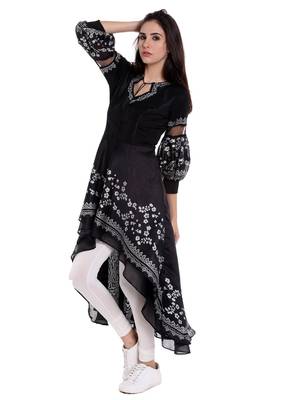 Black High Low Kurta with White Print 3