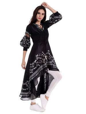 Black High Low Kurta with White Print 4