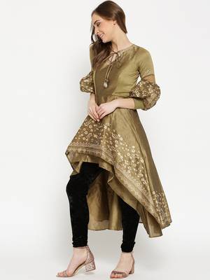 Gold High Low Kurta with Gold Floral Print and voluminous sleeves. 1