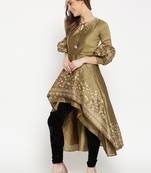 Gold High Low Kurta with Gold Floral Print and voluminous sleeves.
