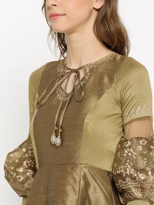 Gold High Low Kurta with Gold Floral Print and voluminous sleeves. 2