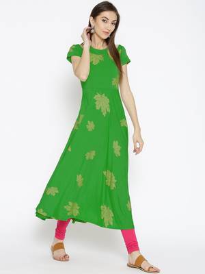 Ira Soleil Green Long Kurta with gold leaf print 1