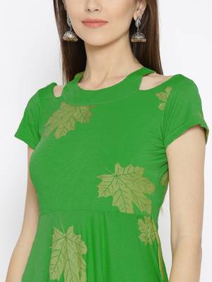 Ira Soleil Green Long Kurta with gold leaf print 3