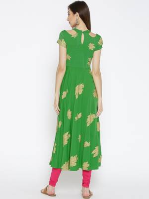 Ira Soleil Green Long Kurta with gold leaf print 5
