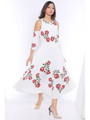 Long Anarkali Kurta with Red floral print and cold shoulder 1