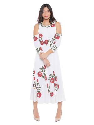 Long Anarkali Kurta with Red floral print and cold shoulder 2