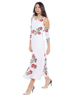 Long Anarkali Kurta with Red floral print and cold shoulder 5