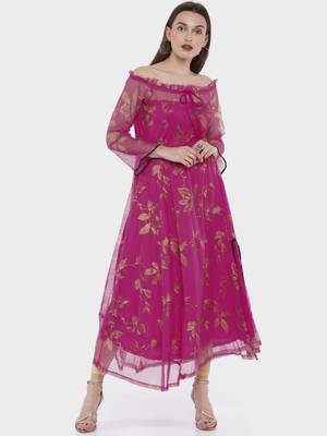 Ira Soleil Magenta all over printed Long 3/4th Sleeves Kurta 1