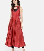 Maroon Long Anarkali Kurta with embroidered patch on neck.