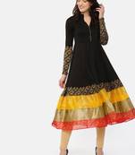 Black full sleeve Kurta with front opening and printed broad hem.