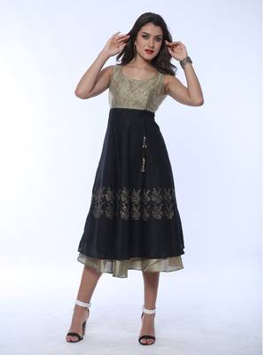 Gold and black Long Anarkali with embroidered yoke and block print 4
