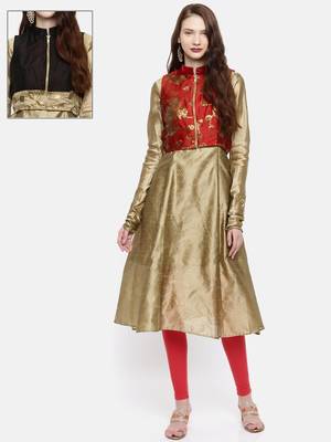 Ira Soleil 2 pcs set of Gold Kurta with reversible short jacket madein dupion fabric 1