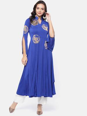 Ira Soleil Blue Long Anarkali Kurta with embroidered patch 1