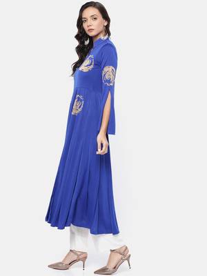 Ira Soleil Blue Long Anarkali Kurta with embroidered patch 2