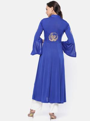 Ira Soleil Blue Long Anarkali Kurta with embroidered patch 3