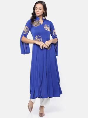 Ira Soleil Blue Long Anarkali Kurta with embroidered patch 4