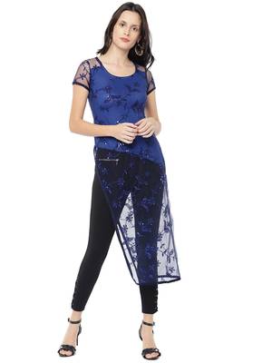 Ira Soleil Blue A-line Kurta with embroidered favric 1