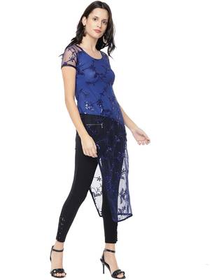 Ira Soleil Blue A-line Kurta with embroidered favric 3