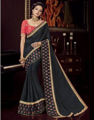 Black embroidered silk blend saree with blouse 1