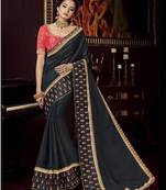 Black embroidered silk blend saree with blouse