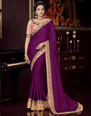 Purple embroidered silk blend saree with blouse 1