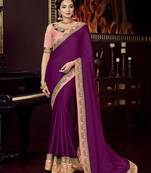 Purple embroidered silk blend saree with blouse