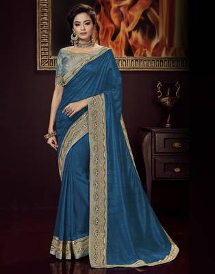 Blue embroidered silk blend saree with blouse 1