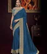 Blue embroidered silk blend saree with blouse